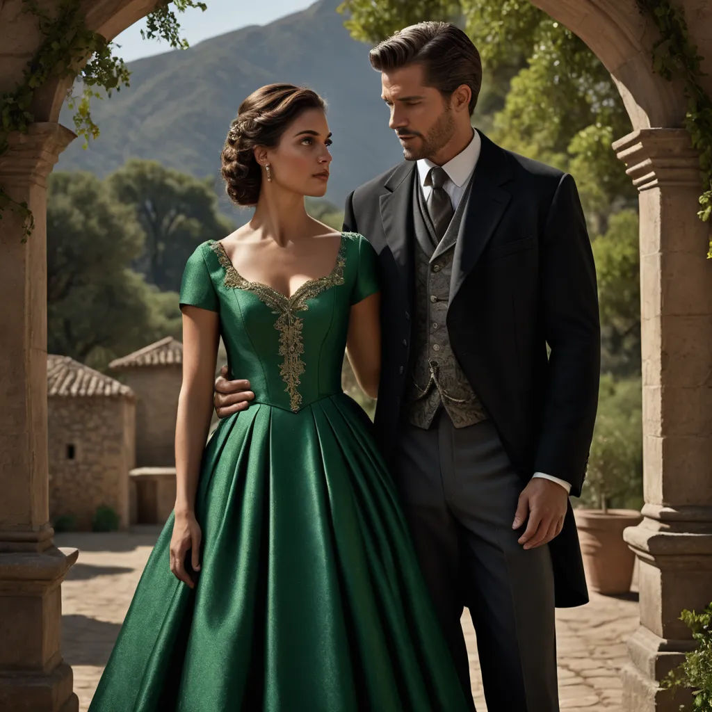 a man and a woman in formal wear standing together in a courtyard with a mountain in the background and a stone archway, neo-romanticism, a poster, Christian Hilfgott Brand, promotional image