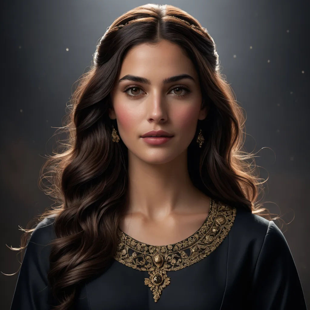 a woman with long hair wearing a black dress and a gold necklace and earrings, with a star in the background, qajar art, a photorealistic painting, Cedric Peyravernay, professional digital painting