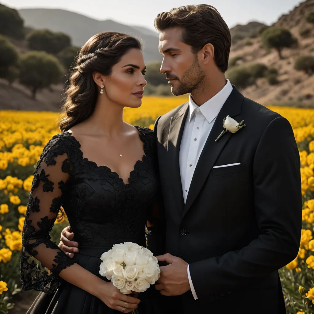 a man and a woman standing in a field of flowers wearing formal attire and holding a bouquet of flowers, romanticism, a poster, Christian Hilfgott Brand, promotional image