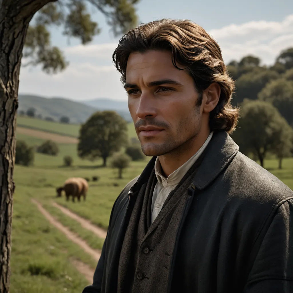 a man standing in front of a tree in a field with cattle in the background and a sky with clouds, pre-raphaelitism, a character portrait, Esteban Vicente, promotional image