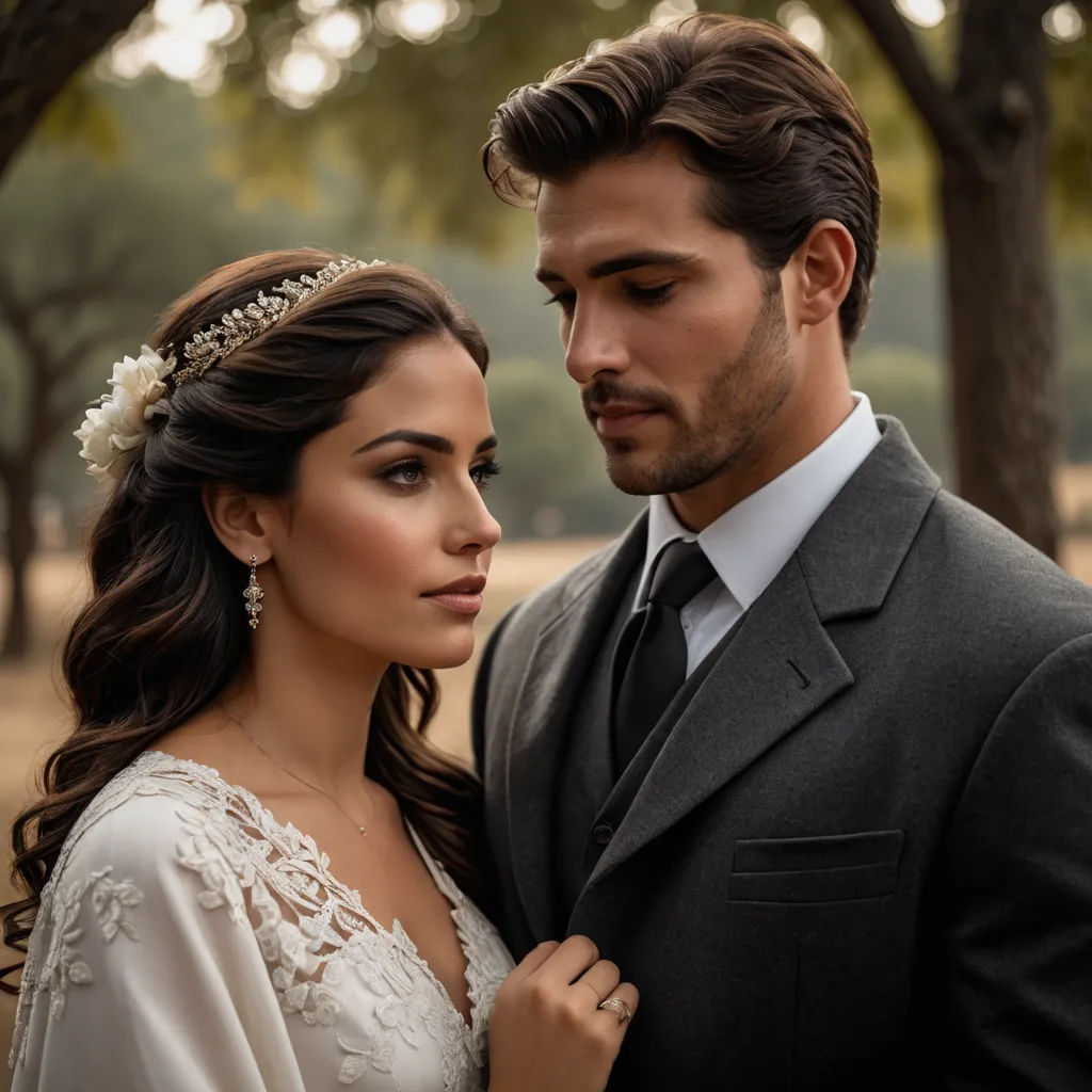 a man and a woman standing next to each other in a park with trees in the background and a man in a suit and tie, romanticism, a poster, Araceli Gilbert, promotional image