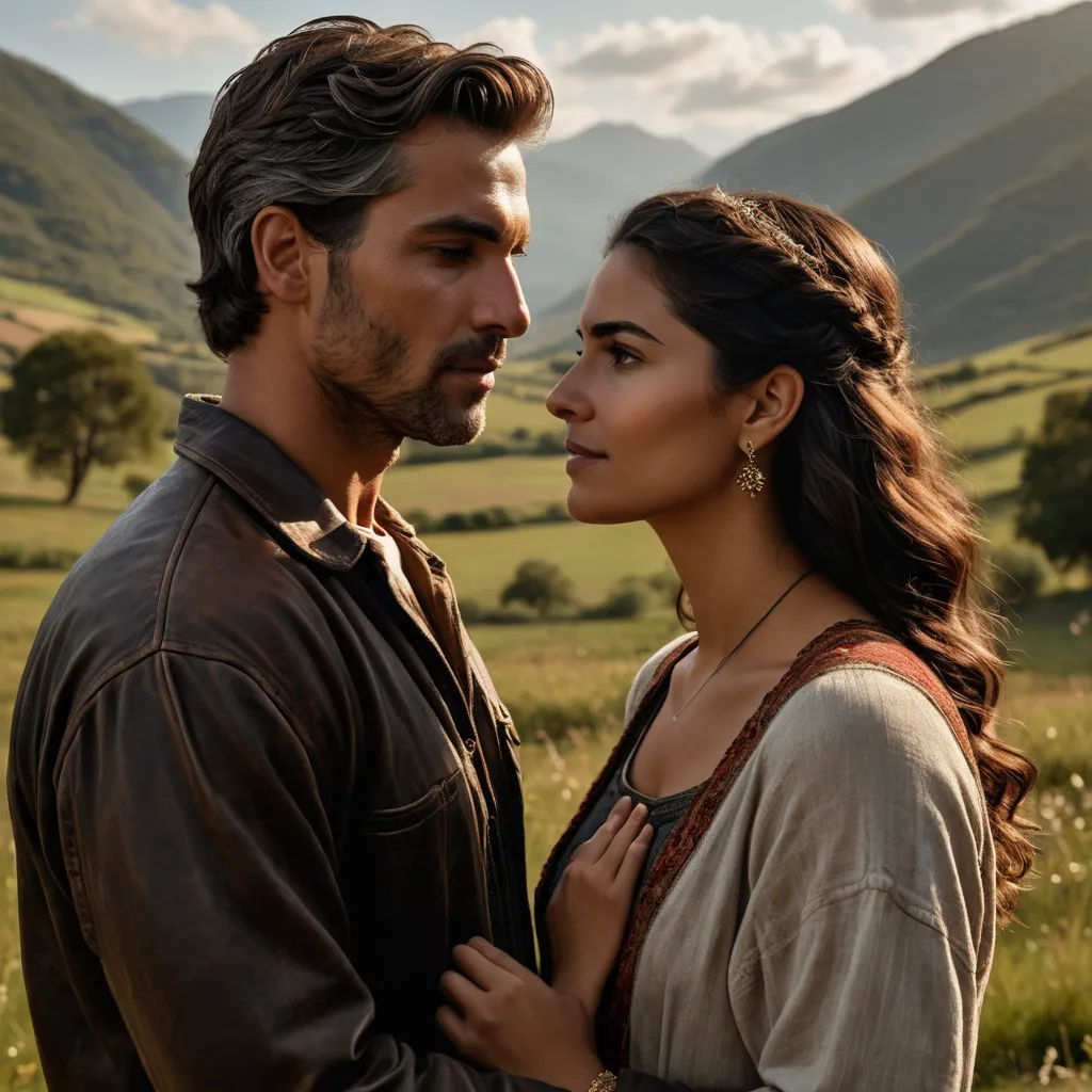 a man and a woman standing in a field with mountains in the background and clouds in the sky above, neo-romanticism, a poster, Araceli Gilbert, promotional image