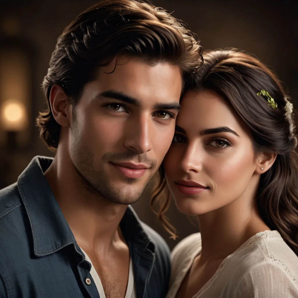 a man and a woman are posing for a picture together, one of them is wearing a flower in her hair, photorealism, a photorealistic painting, Christian Hilfgott Brand, ultra realistic faces