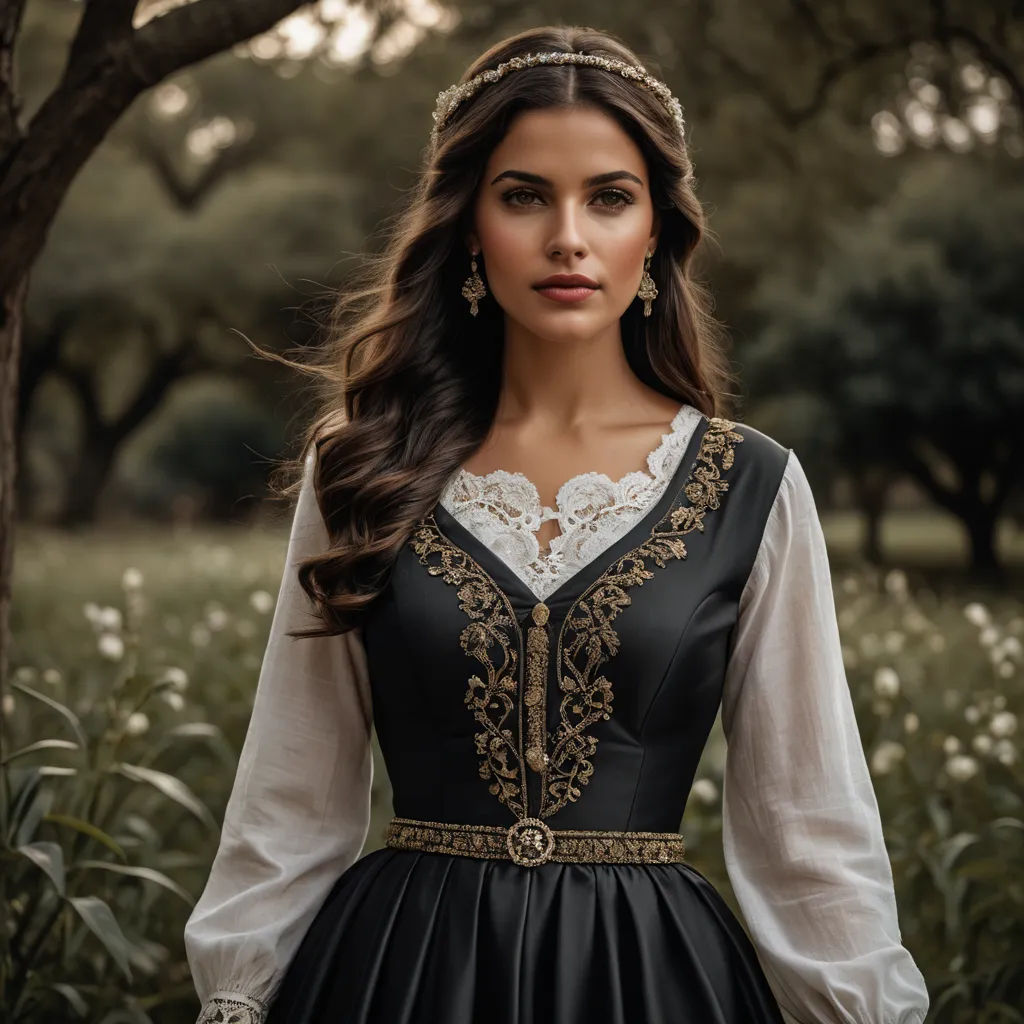 a woman in a black and white dress standing in a field of flowers wearing a tiara and a headband, rococo, a cross stitch, Araceli Gilbert, medieval