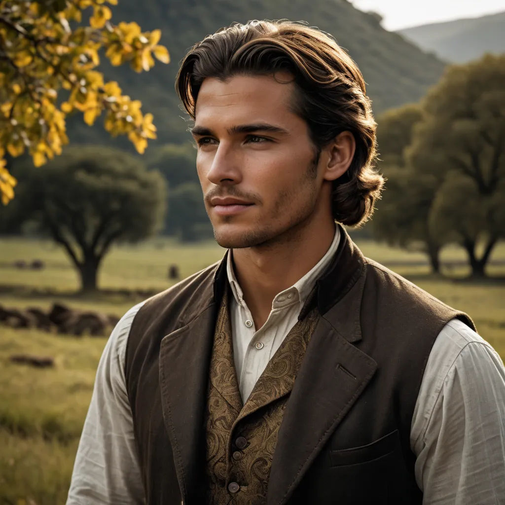a man in a vest and a shirt standing in a field with trees in the background and a mountain in the distance, pre-raphaelitism, a character portrait, Edward Clark, pre - raphaelite