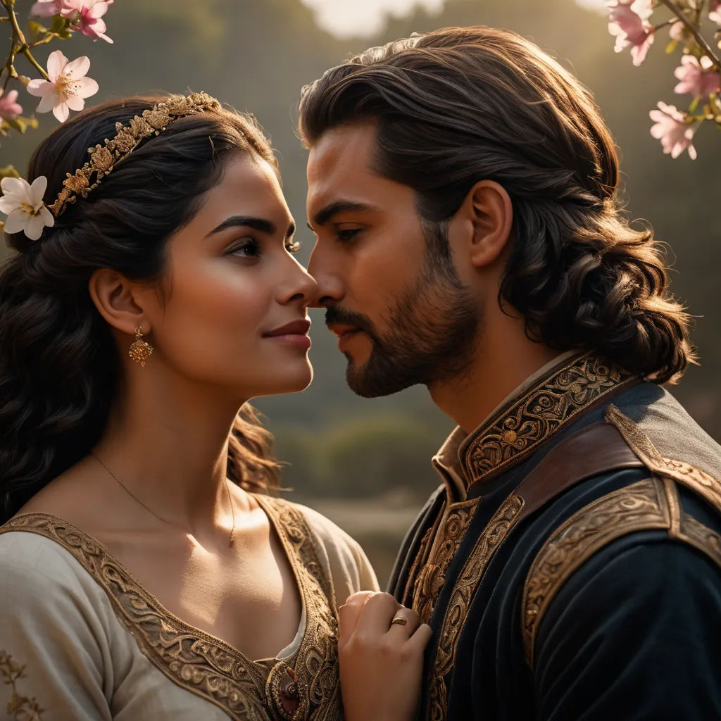 a man and a woman are standing close together in front of a tree with flowers in it and a man is kissing the woman, romanticism, a poster, Altoon Sultan, promotional image