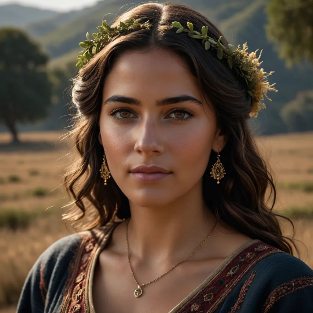 a woman with a wreath of flowers on her head and a necklace on her neck, standing in a field, romanesque, a character portrait, Amalia Lindegren, promotional image