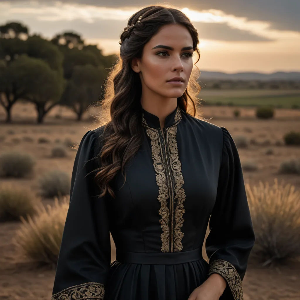 a woman in a black dress standing in a desert area with trees in the background and a cloudy sky, neo-romanticism, a character portrait, Charlotte Harding, promotional image