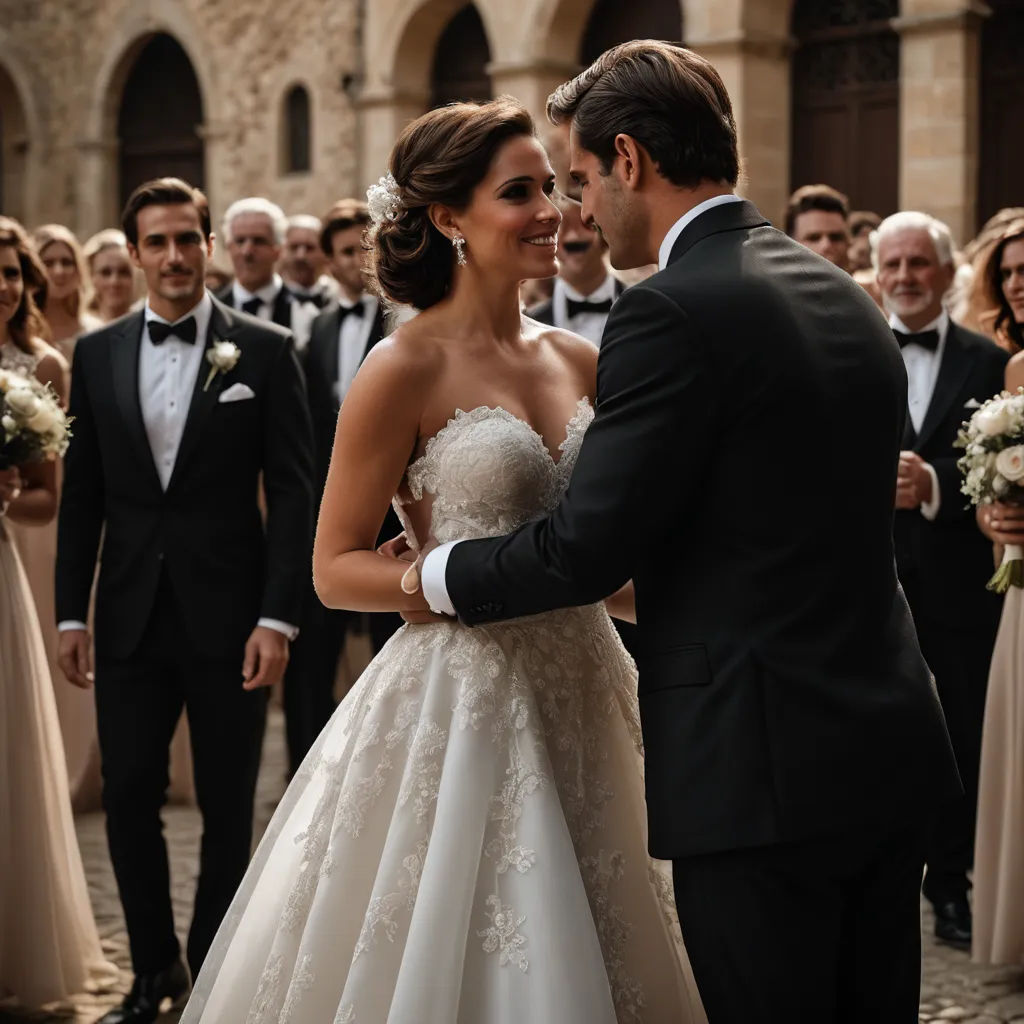 a bride and groom are standing in front of a crowd of people in formal wear and tuxedos, romanesque, a stock photo, Florence Engelbach, f1.4