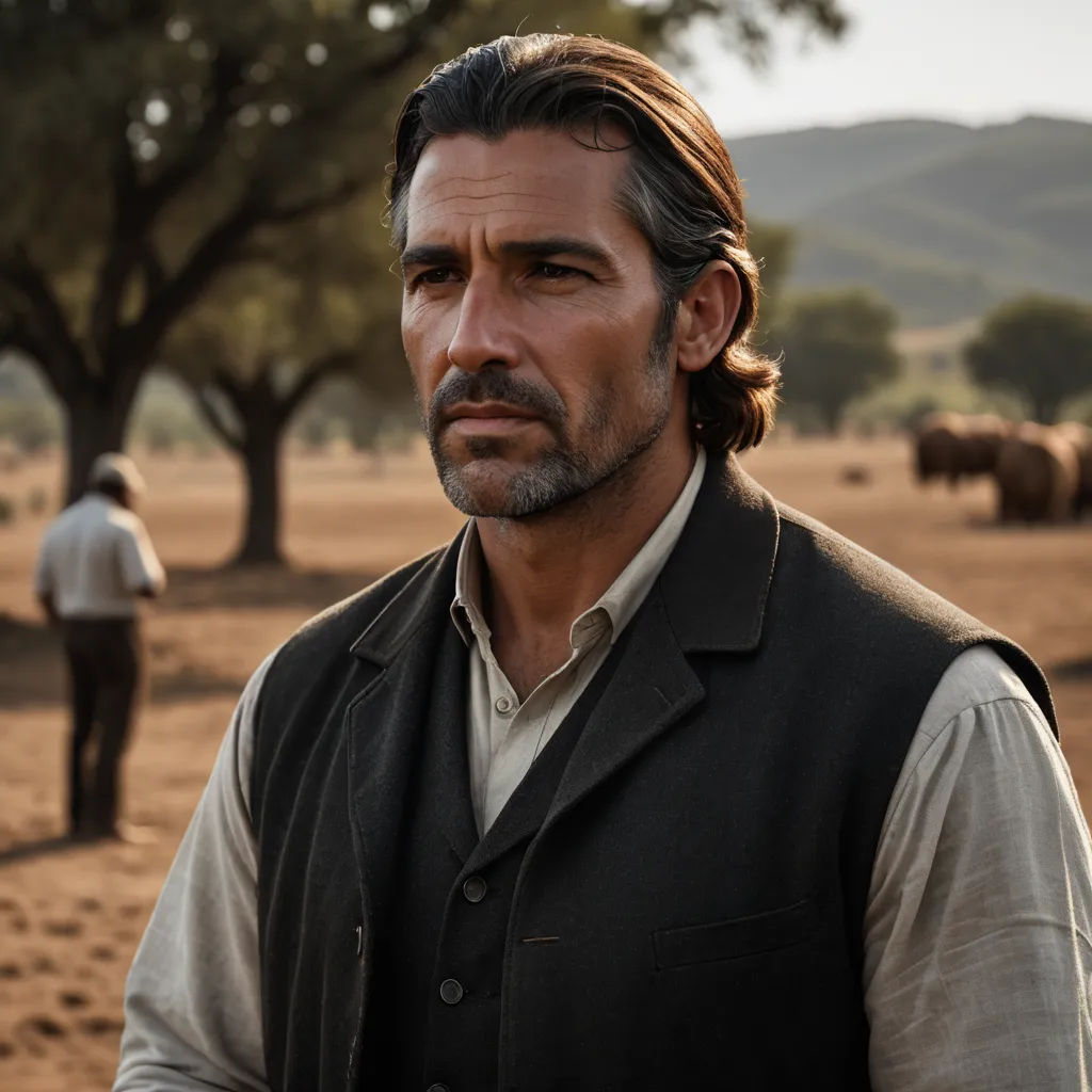 a man standing in a field with a herd of elephants behind him and a man in a white shirt and vest, primitivism, a character portrait, Esteban Vicente, promotional image
