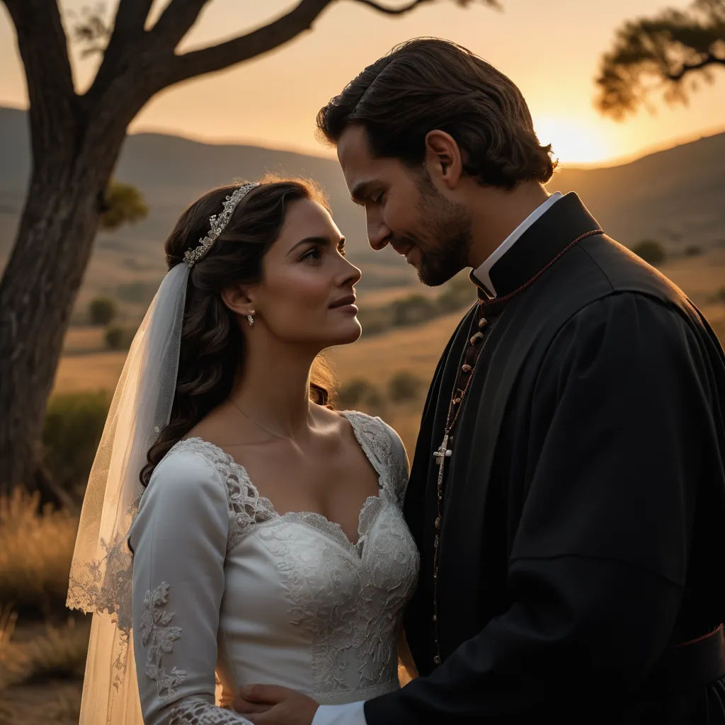 a bride and groom standing in front of a tree at sunset in a field with hills in the background, neo-romanticism, a poster, Araceli Gilbert, promotional image