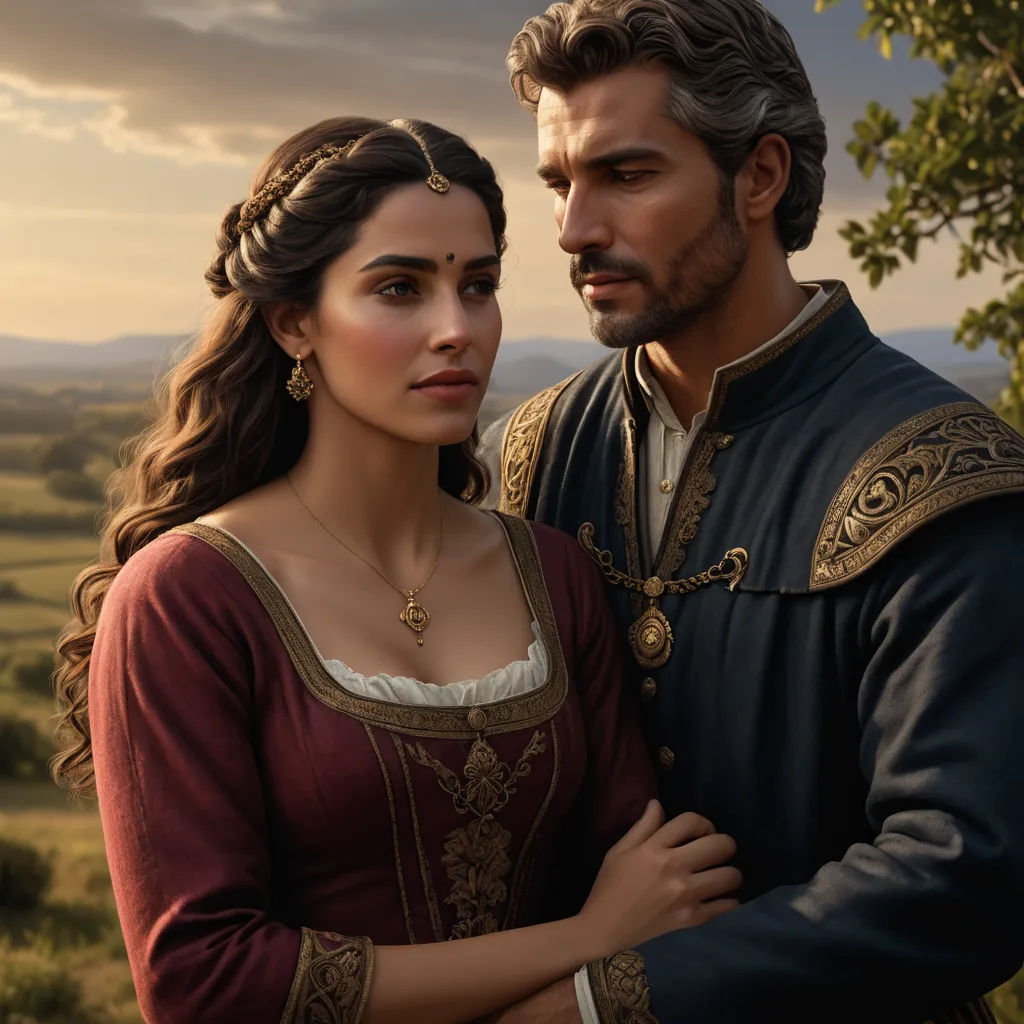 a man and a woman dressed in medieval clothing standing next to each other in a field with a sunset behind them, sots art, a painting, Araceli Gilbert, promotional image