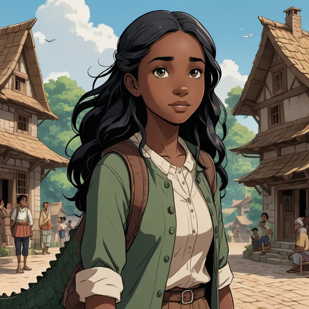 a cartoon of a woman standing in front of a village with people walking around her and a man standing behind her, fantasy art, a character portrait, Cedric Seaut (Keos Masons), official art