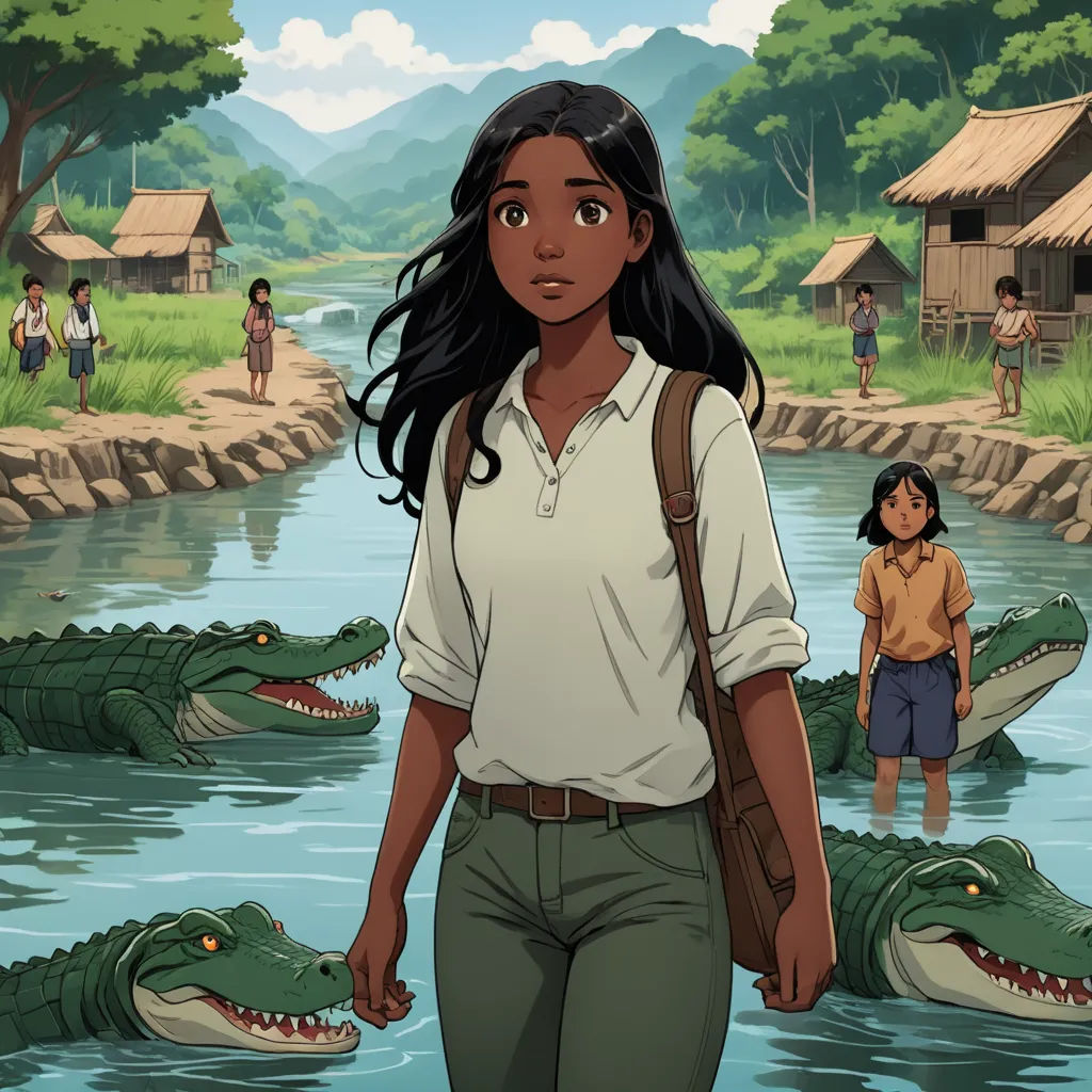 a woman standing next to a river with a alligator in it's mouth and a man standing next to her, magical realism, a storybook illustration, Cliff Childs, comic cover art