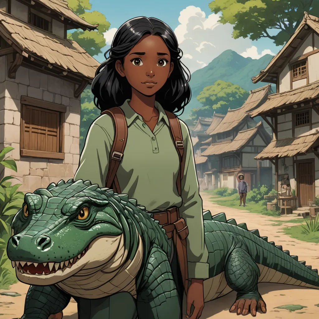 a woman is holding a large alligator in a cartoon style scene with a village in the background and a man standing next to her, fantasy art, concept art, Cedric Seaut (Keos Masons), comic cover art