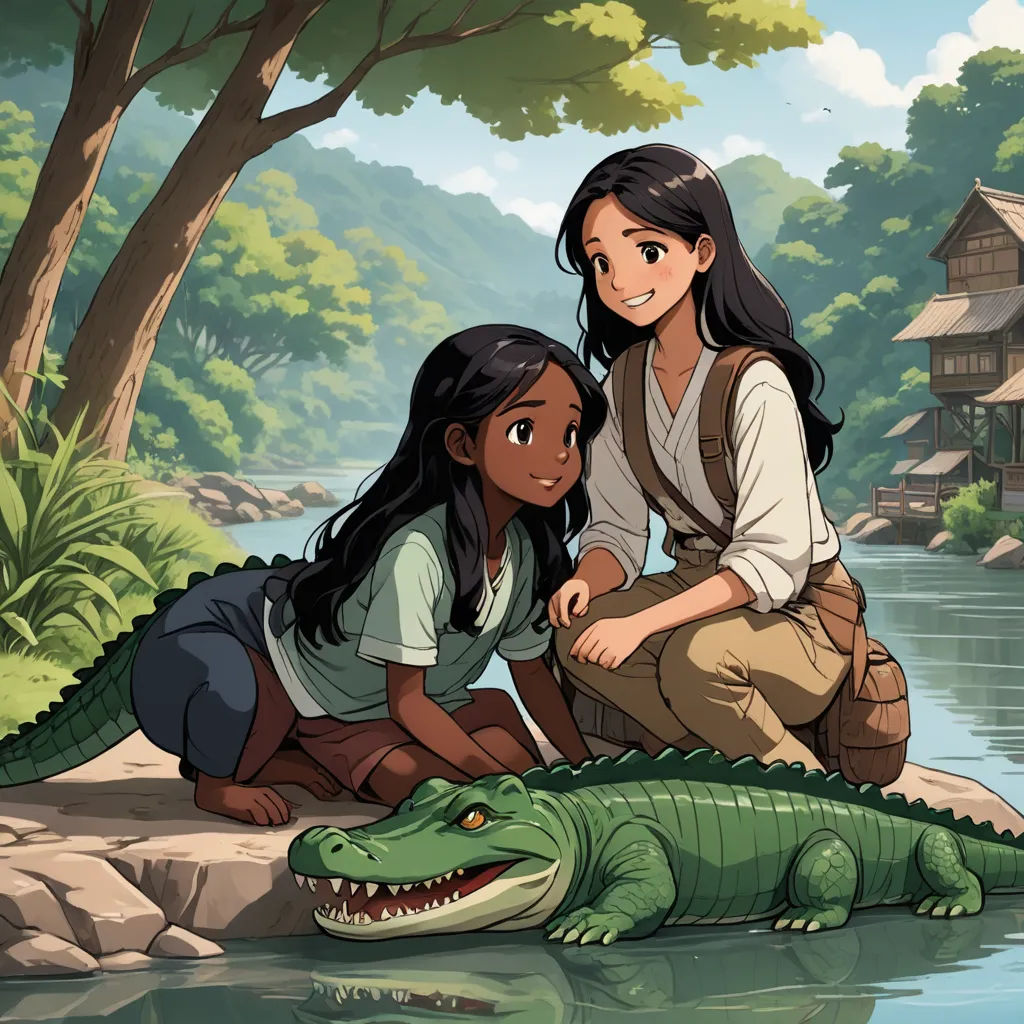a woman and a girl are sitting next to a crocodile in a river with a house in the background, fantasy art, a storybook illustration, Cliff Childs, storybook illustration