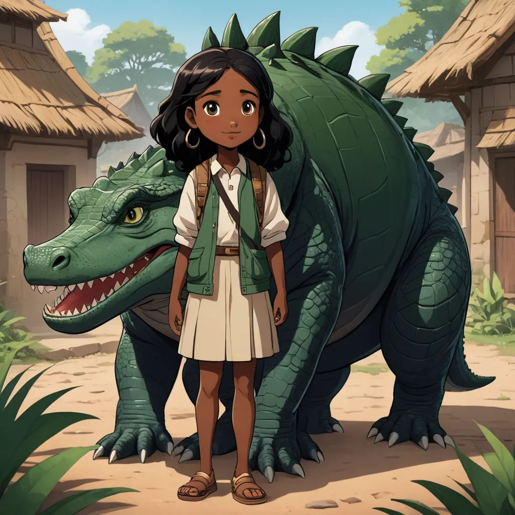 a girl standing next to a large green dragon in a village with thatched roofs and a thatched roof, magical realism, concept art, Adam Rex, official art