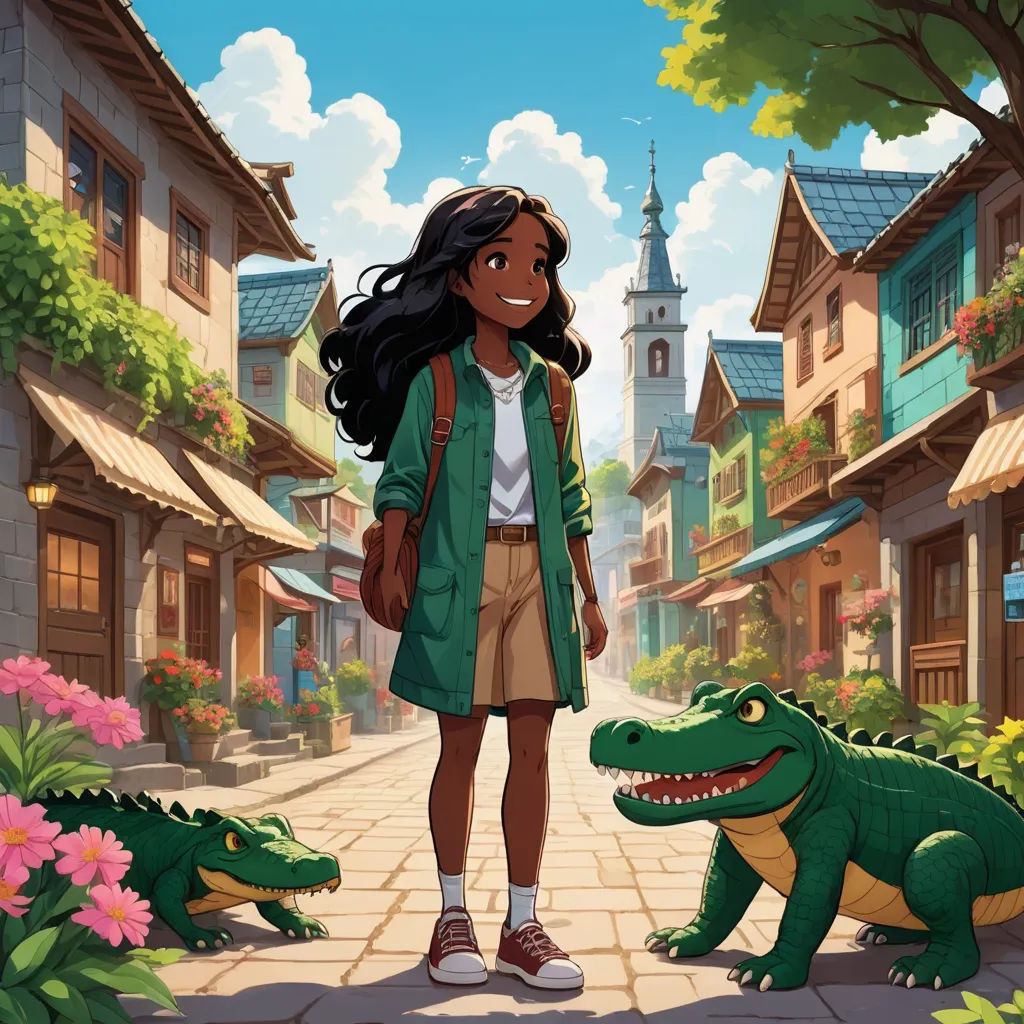 a girl standing next to a green alligator in a street with buildings and flowers in the background and a green alligator in the foreground, magical realism, a storybook illustration, Chris LaBrooy, official art