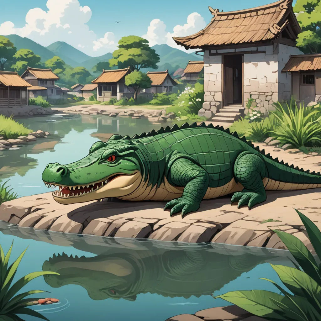 a large alligator sitting on a rock near a river and a village with a pond and houses in the background, fantasy art, a storybook illustration, Chris LaBrooy, 2 d game art