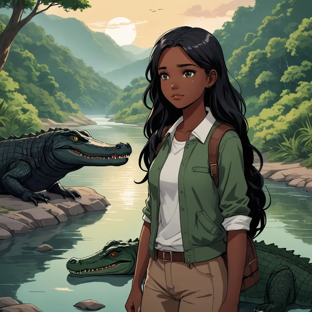 a girl standing next to a crocodile in a river with a forest in the background and a river running through it, sots art, concept art, Clarice Beckett, official art