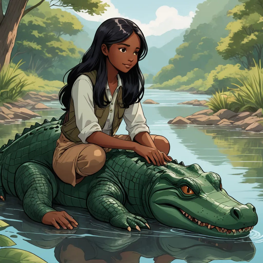 a girl sitting on a crocodile in a river with a forest background and a riverbank behind her, with a riverbank and trees, and a few bushes, and a few, fantasy art, a storybook illustration, Cliff Childs, storybook illustration