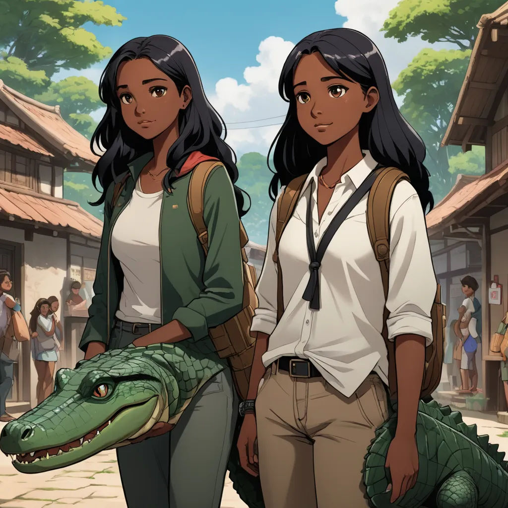 two girls standing next to each other with a alligator on their shoulder and a man in a white shirt, furry art, concept art, Abidin Dino, cushart krenz