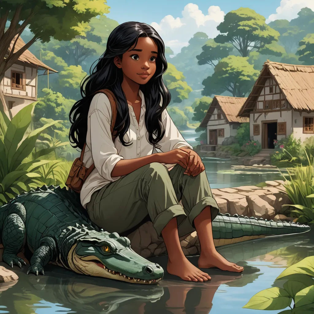 a woman sitting on a rock next to a crocodile in a river with a house in the background and a pond in front of her, fantasy art, a storybook illustration, Cliff Childs, storybook illustration