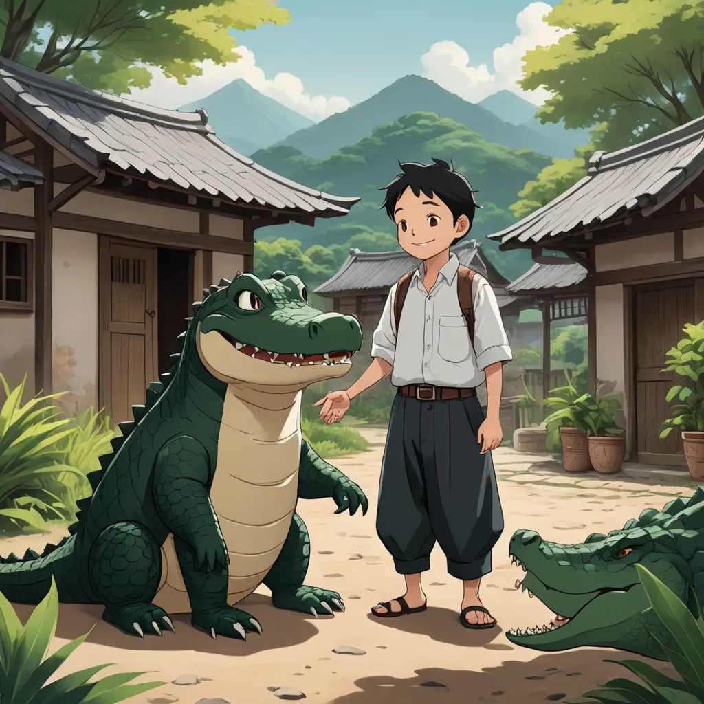 a boy standing next to a crocodile in a village with a mountain in the background and a building with a roof, magic realism, a storybook illustration, Akira Toriyama, official art