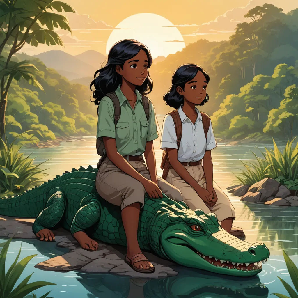a painting of two people sitting on a crocodile in a river with a sunset in the background and a jungle scene, serial art, concept art, Chinwe Chukwuogo-Roy, official art