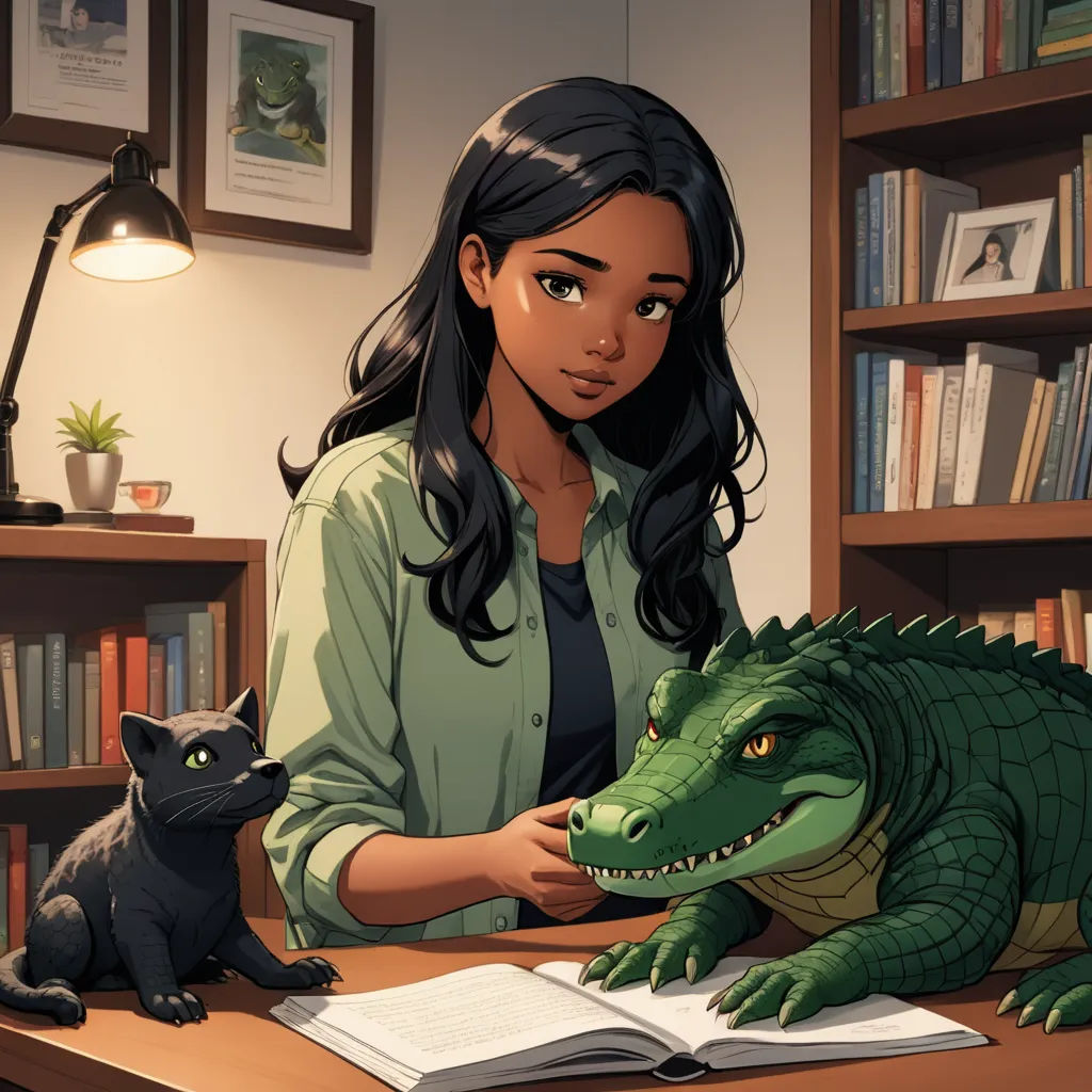 a woman sitting at a desk with a cat and a crocodile statue on it's desk top, next to a bookcase, furry art, a storybook illustration, Abidin Dino, storybook illustration