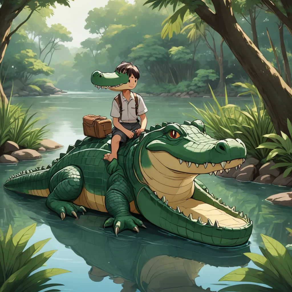 a boy riding on the back of a crocodile in a river with a suitcase on his back and a girl sitting on the back of it, fantasy art, a storybook illustration, Diego Gisbert Llorens, storybook illustration