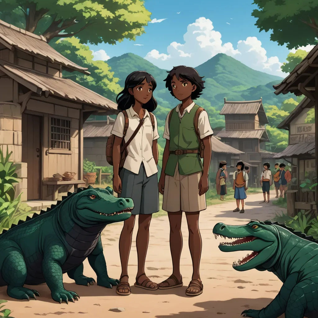 a boy and a girl standing next to a crocodile in a village with a mountain in the background and a woman standing next to a crocodile, sumatraism, a storybook illustration, Brothers Hildebrandt, official art