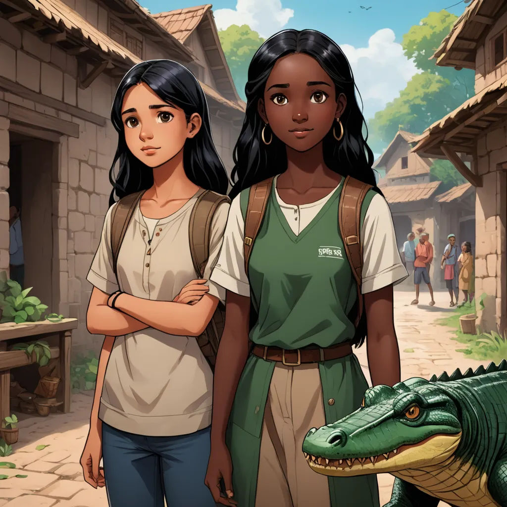 two girls standing next to a alligator in a village with people walking by them and a building with a green roof, serial art, concept art, Ada Gladys Killins, official art
