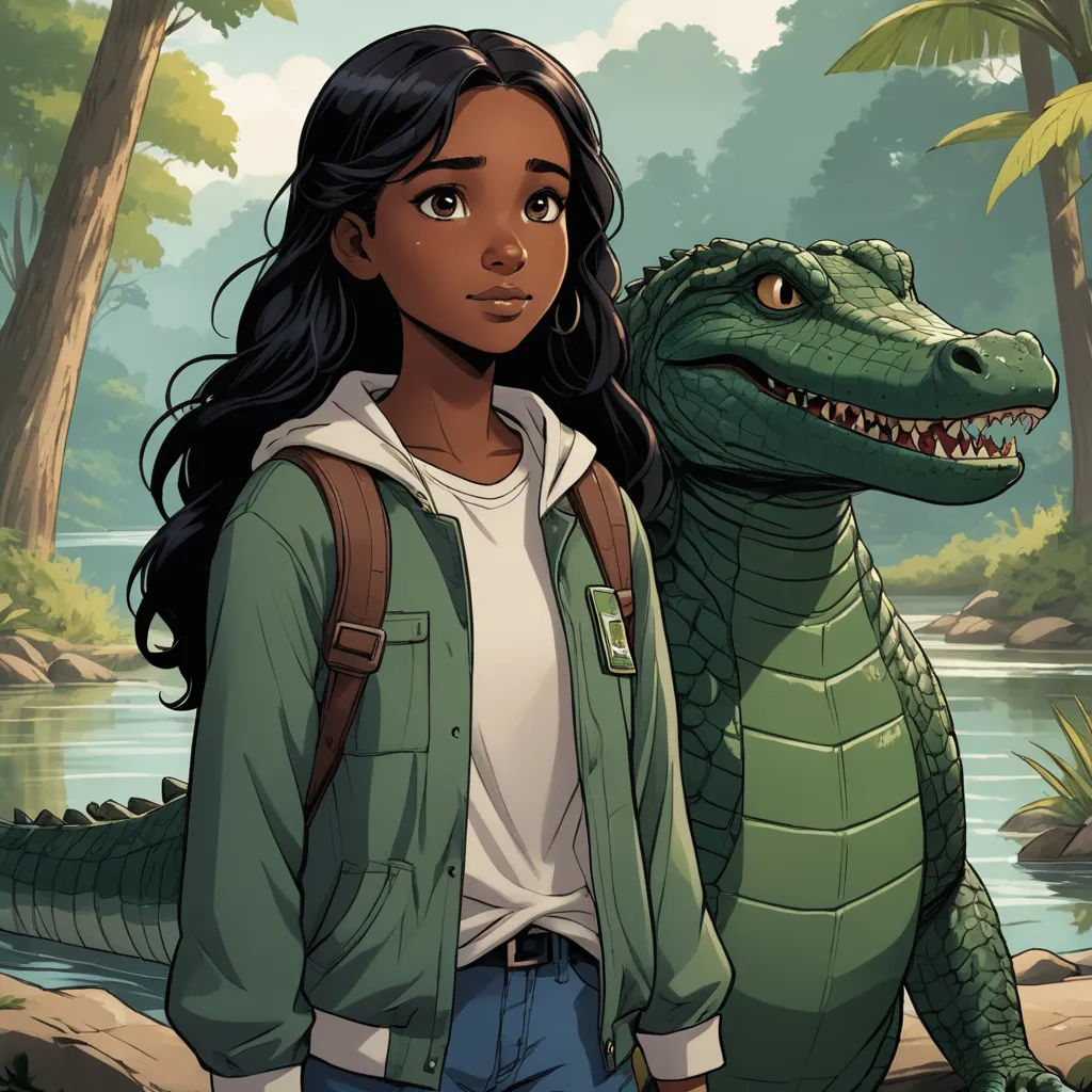 a girl standing next to a large alligator in a forest with trees and rocks in the background, with a river and trees in the background, furry art, concept art, Chris LaBrooy, official art