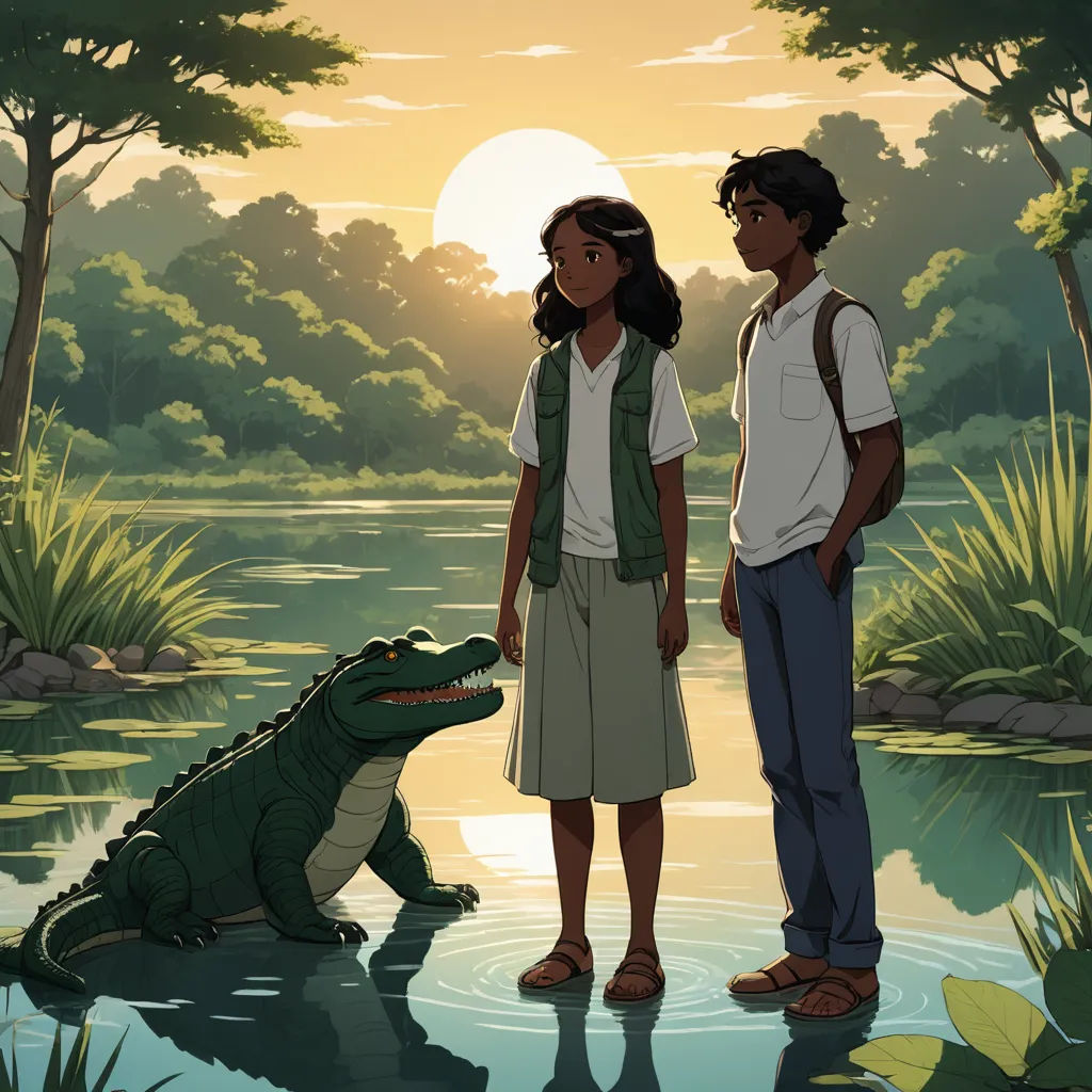 a boy and a girl standing next to a crocodile in a river at sunset with a sun setting behind them, serial art, poster art, Chinwe Chukwuogo-Roy, official art