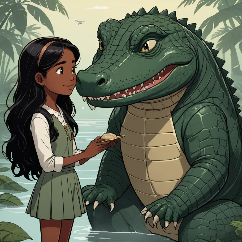 a girl is standing next to a large alligator and eating a piece of food with a toothbrush in her hand, magical realism, a storybook illustration, Cliff Childs, storybook illustration