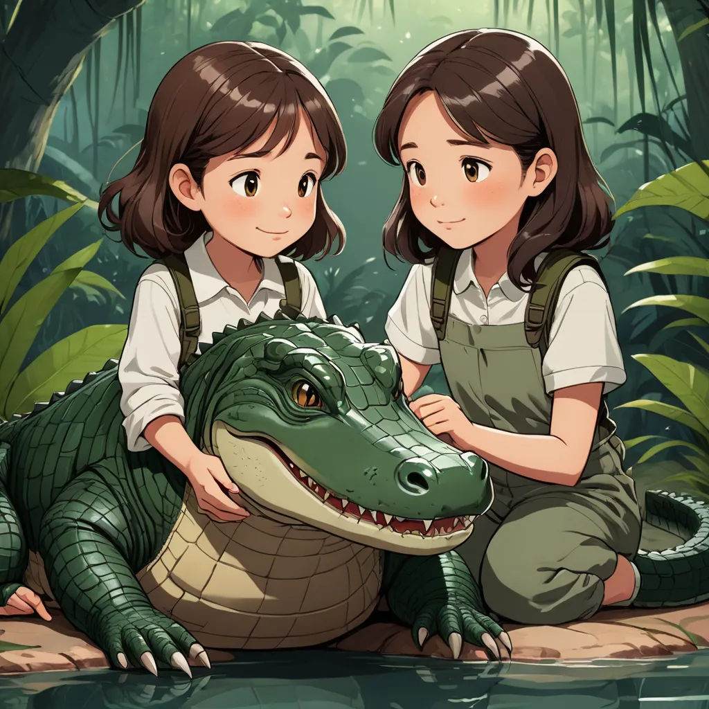 two girls are holding a crocodile in a jungle setting with a pond and trees in the background, and a jungle scene behind them, furry art, a storybook illustration, Cynthia Sheppard, cushart krenz