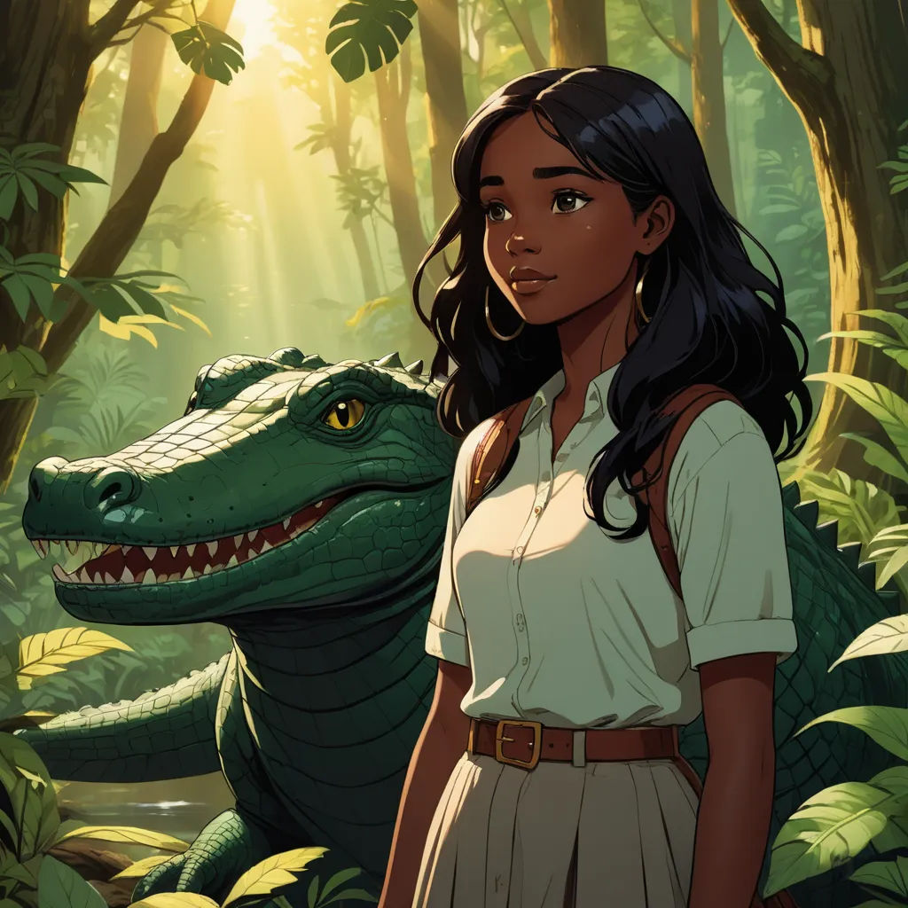 a woman standing in front of a crocodile in a jungle with trees and plants behind her and a light shining on her face, fantasy art, a character portrait, Chinwe Chukwuogo-Roy, official art