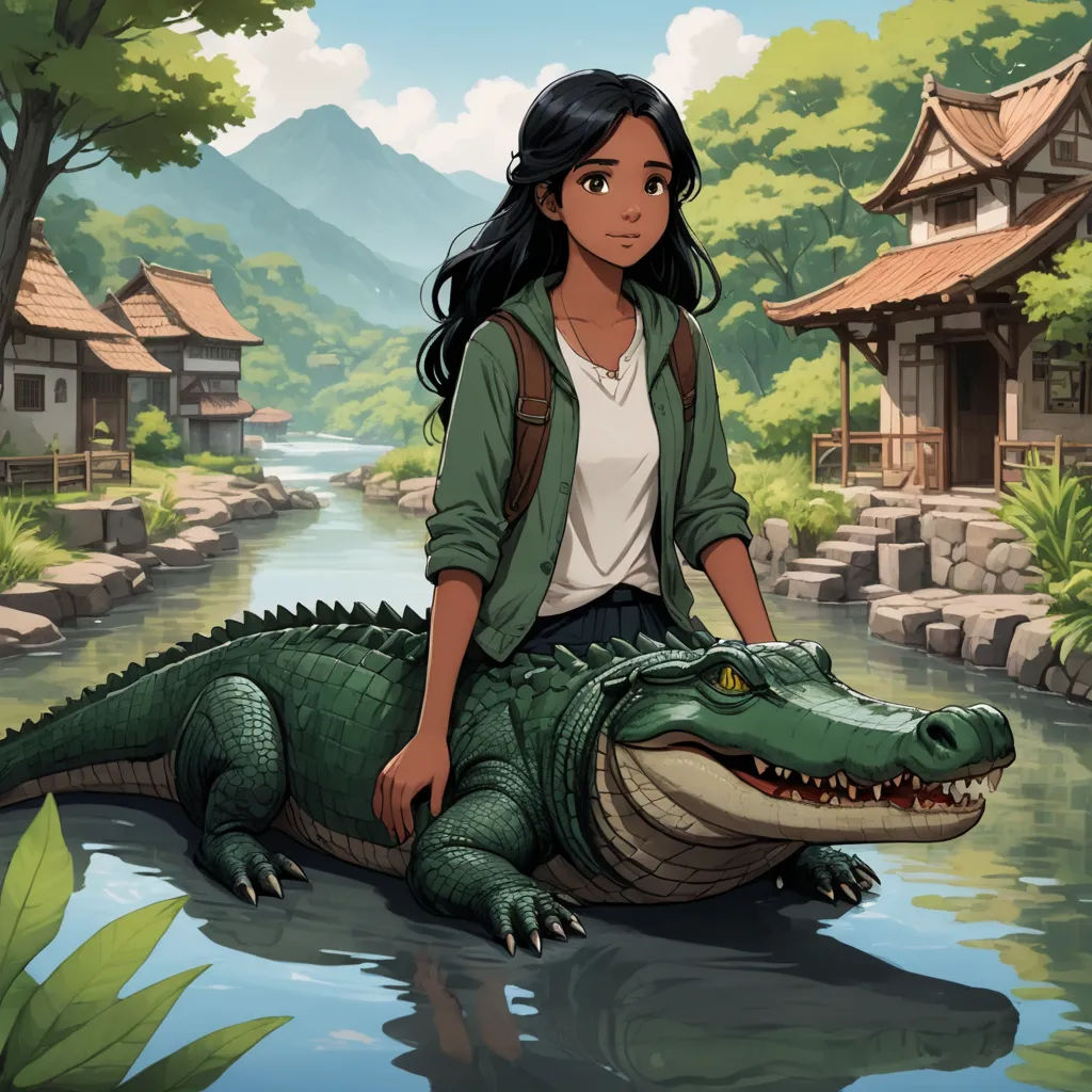 a woman sitting on top of a crocodile in a river next to a forest and a building with a pagoda, fantasy art, a storybook illustration, Chris LaBrooy, fantasy illustration
