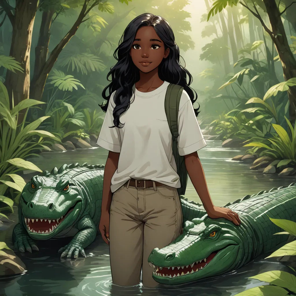 a girl standing in a river next to a crocodile in a jungle with trees and bushes behind her and a green backpack, sots art, concept art, Chinwe Chukwuogo-Roy, official art