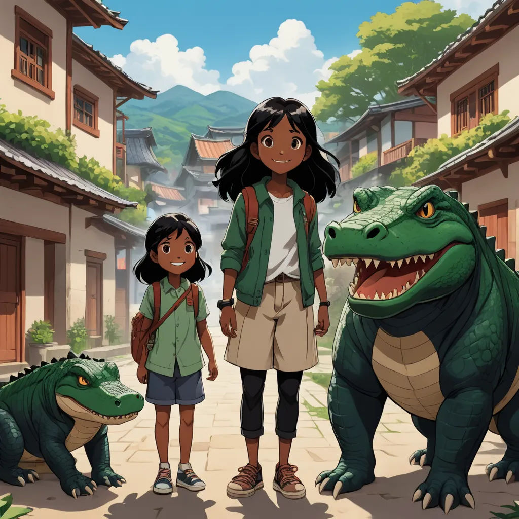 a woman and a child standing next to a large alligator and a girl standing next to a large alligator, sumatraism, a storybook illustration, Chris LaBrooy, official art