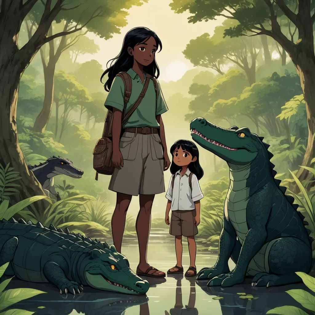 a woman and a child standing in front of a crocodile in a jungle with trees and a river in the background, sots art, poster art, Cliff Childs, official art