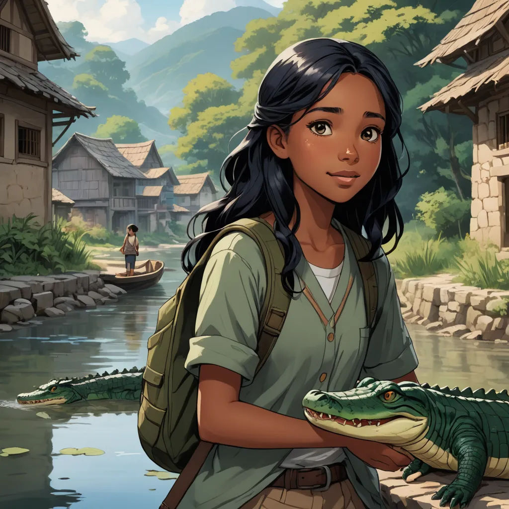 a girl holding a large alligator in a village by a river with a man in a boat in the background, fantasy art, a storybook illustration, Cliff Childs, cushart krenz