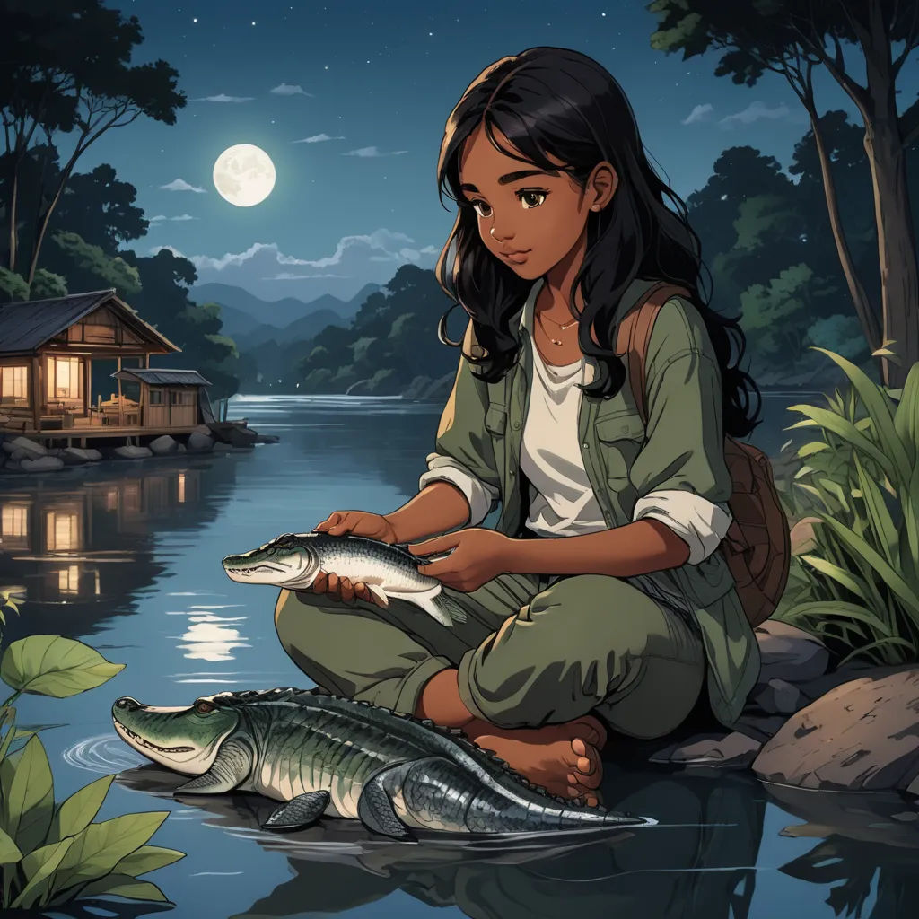 a girl sitting on the ground with a fish in her hand and a house in the background with a full moon, fantasy art, a storybook illustration, Cliff Childs, official art