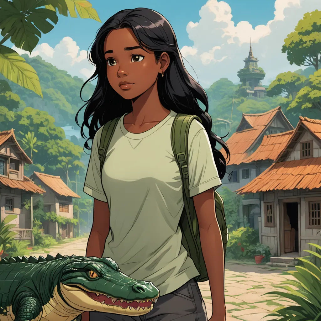 a girl is holding a large alligator in a cartoon style, with a village in the background and a house in the background, fantasy art, a storybook illustration, Cedric Seaut (Keos Masons), comic cover art