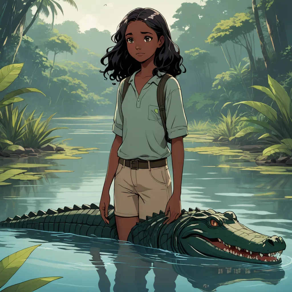 a girl standing in the water next to a crocodile in a jungle setting with a man standing next to her, magical realism, a storybook illustration, Cliff Childs, comic cover art