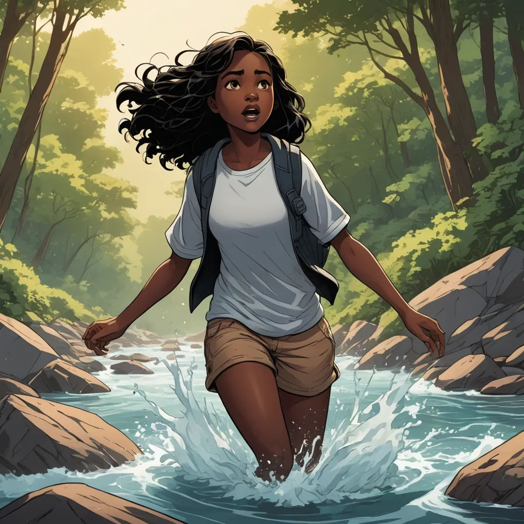 a girl running through a river in a forest with rocks and trees in the background, with a backpack on her back, environmental art, a character portrait, Ada Hill Walker, comic cover art