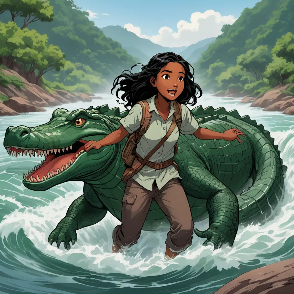 a girl is walking in the water with a crocodile in her hand and a backpack on her back,, magical realism, a storybook illustration, Cliff Childs, comic cover art