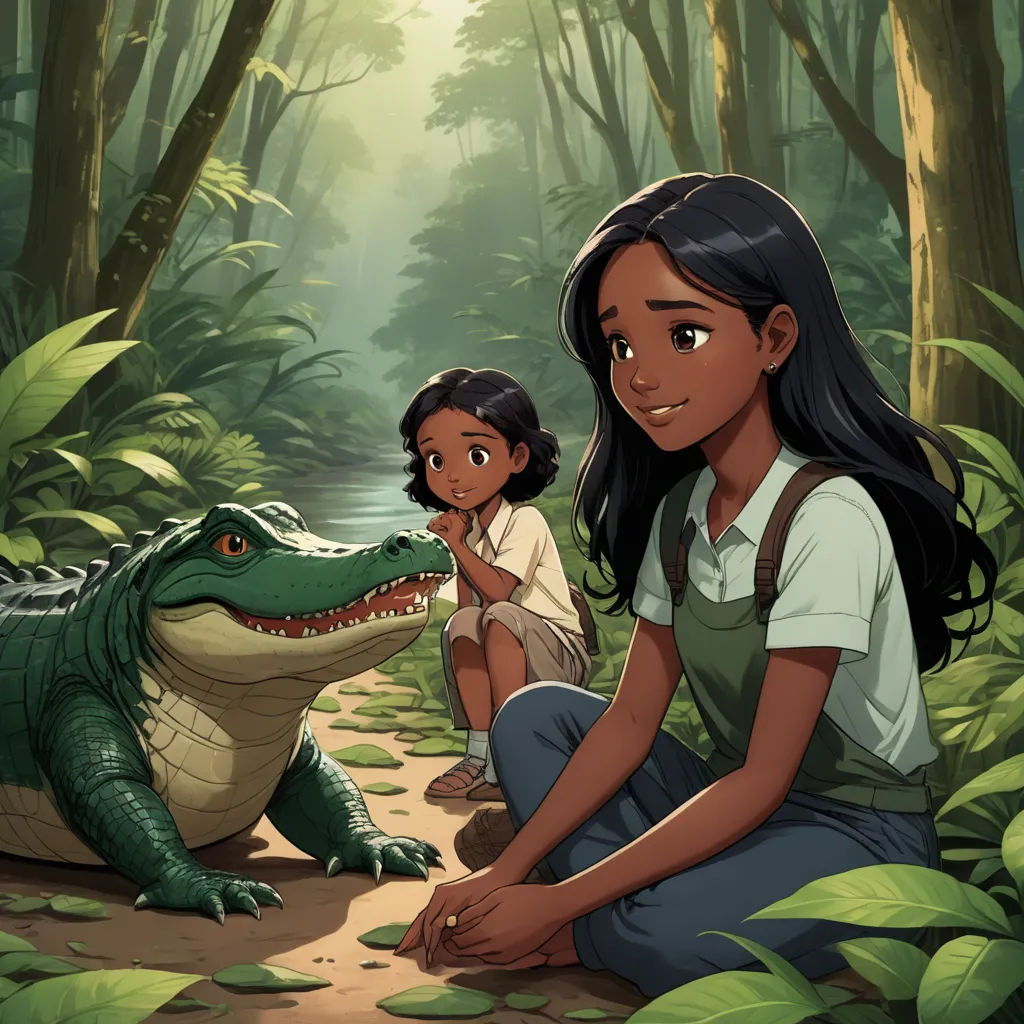 a woman and a child are sitting in the woods with a crocodile and a crocodile is standing next to her, magical realism, a storybook illustration, Ella Guru, comic cover art