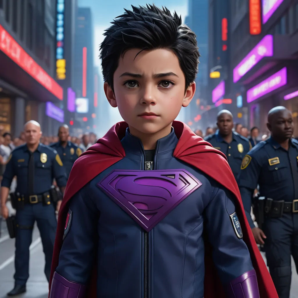 a young boy dressed as superman in a city street with police officers in the background and a man in a red cape, photorealism, a comic book panel, Everett Warner, promotional image